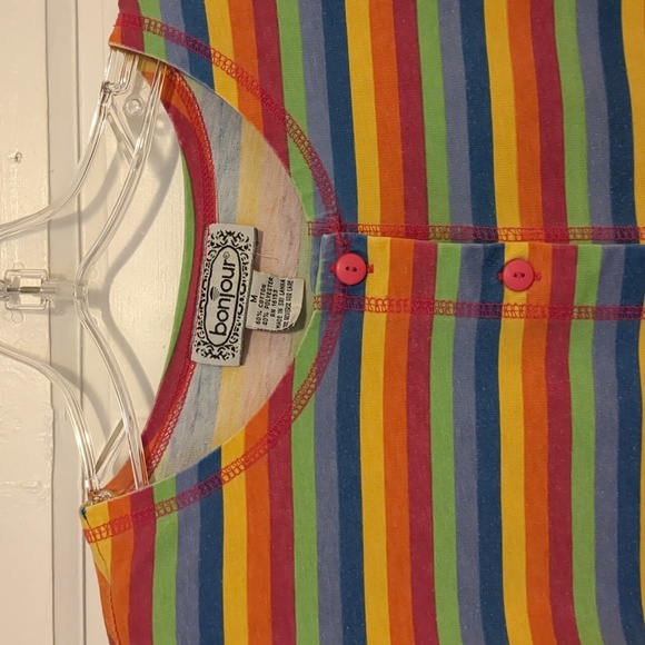 Bonjour Tops - Vintage 80s Striped Rainbow Button Up T-shirt Cotton Medium